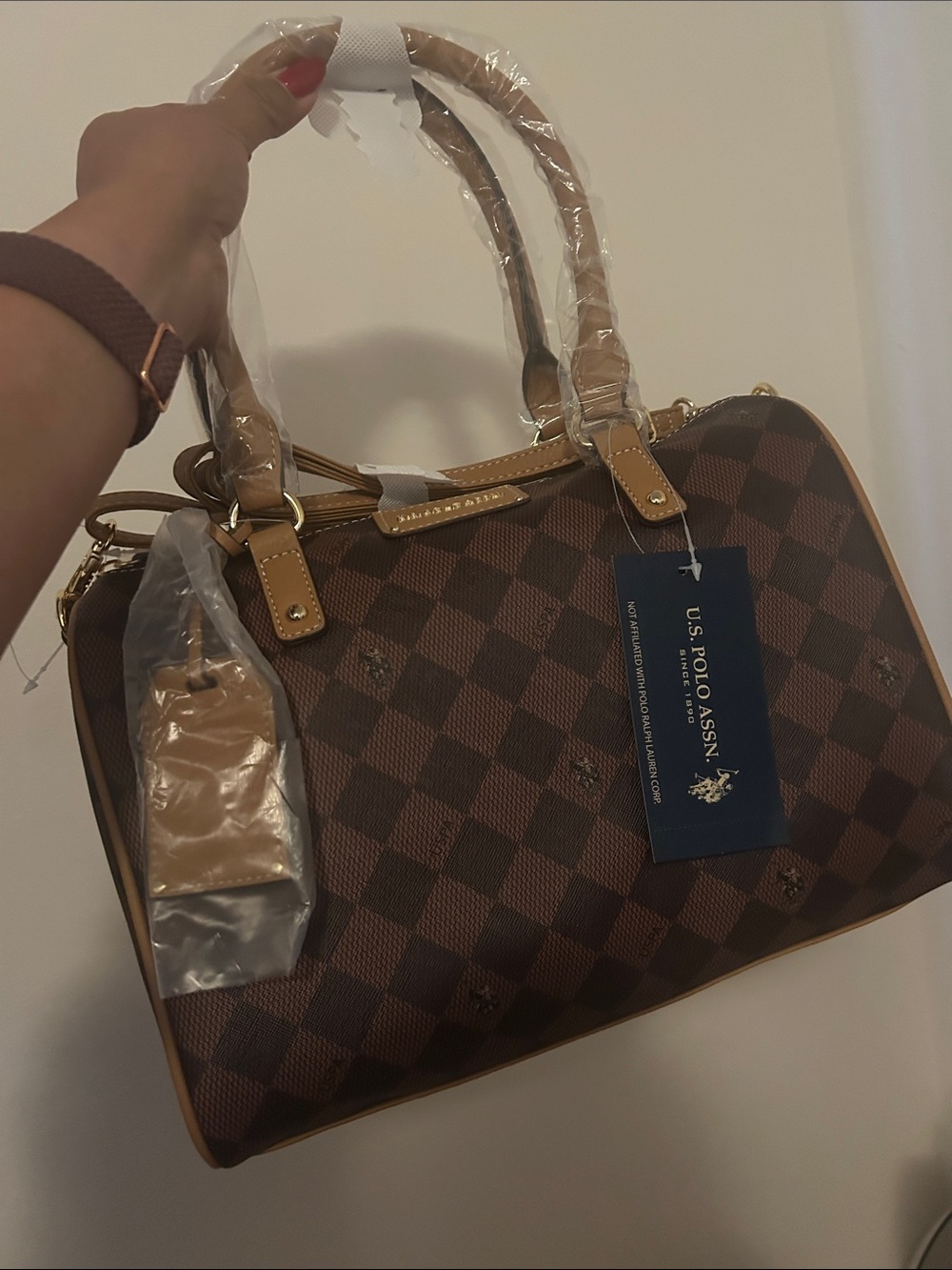 U.S. Polo Assn. Brown Checker Satchel with Tan Trim
